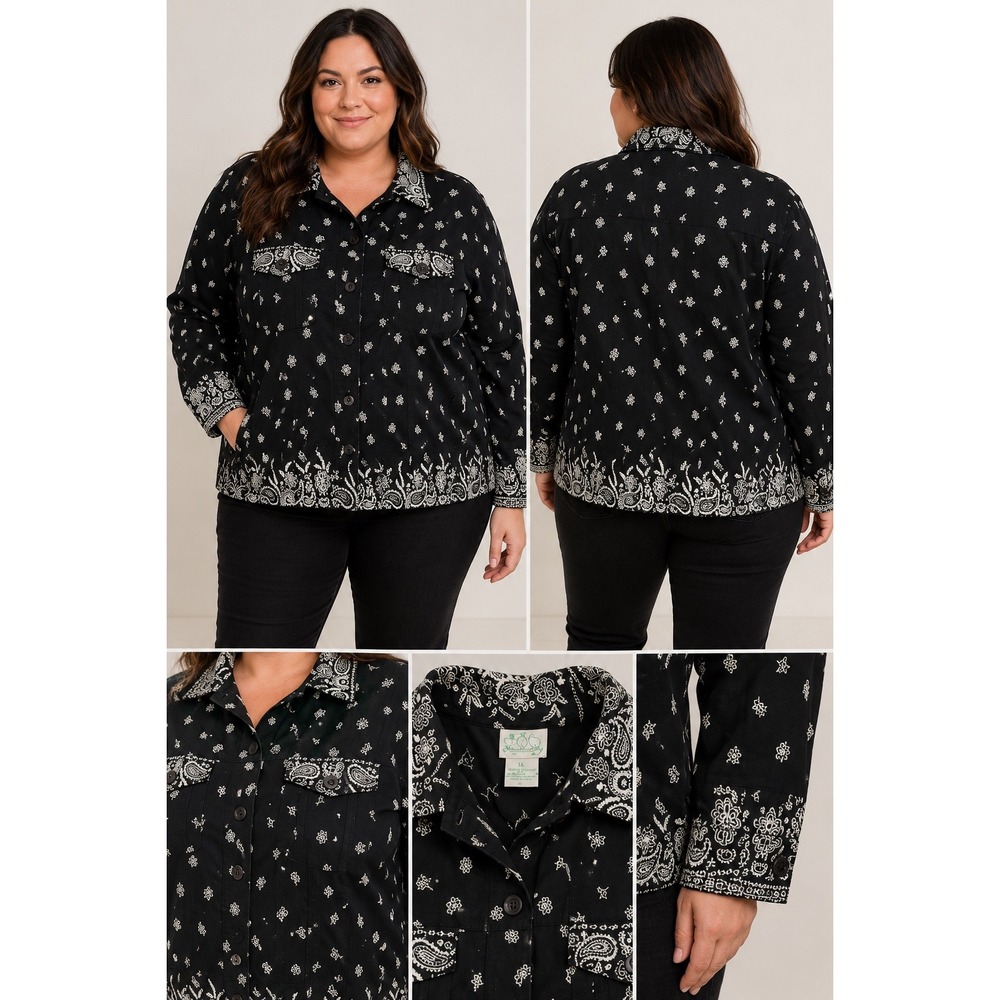 Quacker Factory Black Paisley Bandana Print Denim Jacket Women 1X Cotton granny